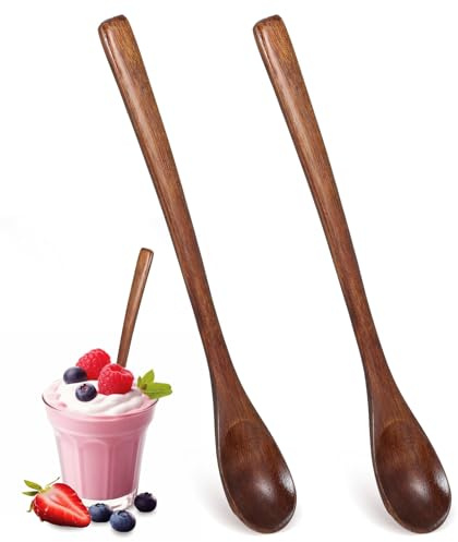 2PCS Small Wooden Spoons for Eating, Wooden Honey Spoon, 7.7 Inch Mixing Coffee Spoon with Long Handle Wood Teaspoon for Kitchen Bar Restaurant Tea Dessert