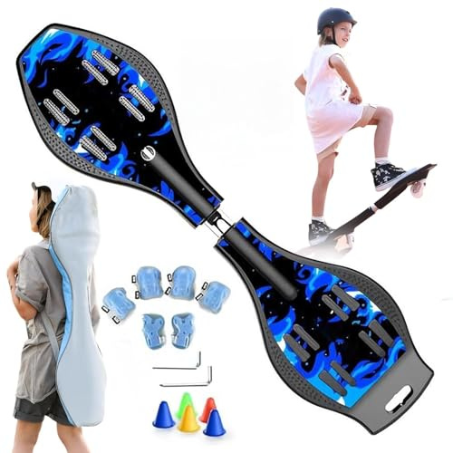 ZQHQKJ Waveboard mit LED Rädern für Kinder und Jugendliche, 360° Lenkung, bis 100kg - inkl. Protektoren-Set und Tasche - rutschfest robust,Feuerqilin blau
