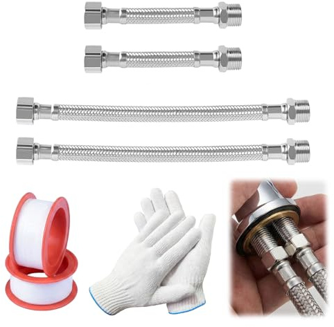 4 pcs 3/8 Zoll Edelstahl Flexschläuche,10cm/20cm mit Dichtband Handschuhe | Flexschlauch 3/8,2×10cm+2×20cm,304 Edelstahl Panzerschlauch,Armaturenschlauch für Wasserhahn,Bad,Küche,WC,Waschmaschine