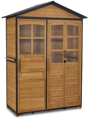 M MCombo Gartenschrank Holz Metgallgestell mit 3 Ablagen, Geräteschuppen Wetterfest, Gartenhaus Outdoor Wasserdicht, Aufbewahrungsschrank für Außenbereich, Garten & Terrasse, 0937 (Natur)