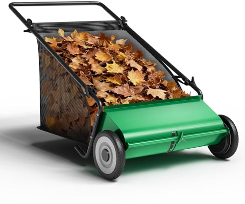 Vert Balayeuse à Gazon Ramasse Feuilles Brosse Rotative Balayeuse à Gazon Manuelle Robuste 61 cm Grand Sac 100L Onvient Aussi Bien aux Pelouses Qu'aux Patios Acier Hauteur Réglable Feuilles Jardin