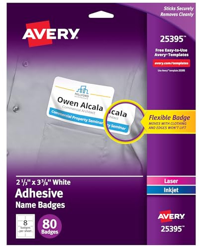 Avery Flexible Printable Name Tag Stickers, 2-1/3 x 3-3/8, Matte White, Removable Adhesive, Laser & Inkjet Compatible, 80 Name Badges Total, Great for Networking, Events, and More (25395)
