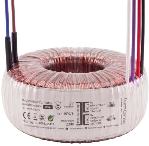 Lumonic transformateur toroïdal Transformateur 50VA 2x18V pour audio, industriels, halogènes et sur rails - 230V tension d'entrée - 36V tension secondaire - Modèle RSO-826022
