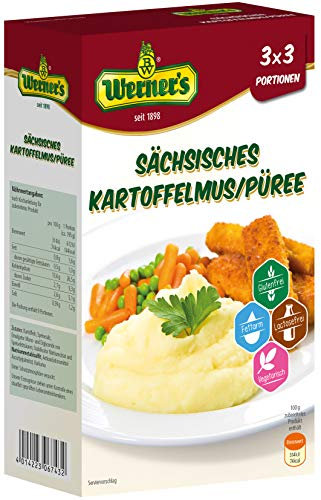 Werner´s Sächsisches Kartoffelmus/Püree, 3x3 Portionen, 6 Packungen pro Karton, glutenfrei, laktosefrei, ohne Farbstoffe, ohne zugesetzte Aromen, Mikrowellengeeignet,