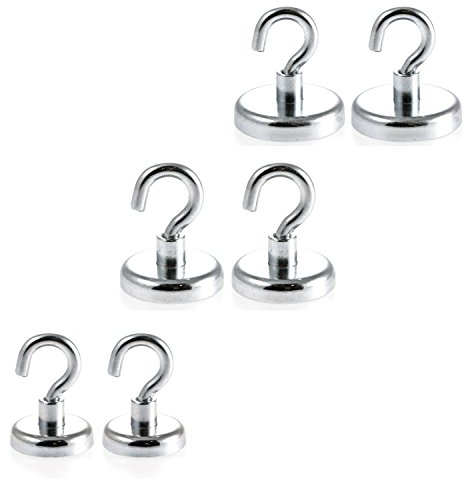 Magnetastico | Set mit 6 Neodym N35 Magnethaken Extra Stark| Je 2 x Magnethaken 32, 36 & 42 mm Ø | Haftkraft 34, 41 & 68 kg| Starker Magnet Haken, magnetische Wandhaken, Haken magnetisch verzinkt