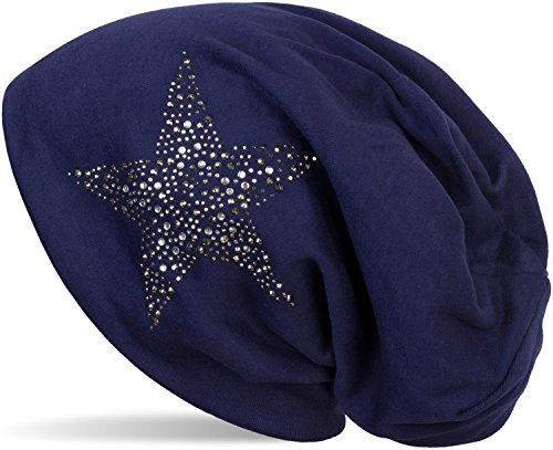 styleBREAKER Dam slouch beanie mössa med strass stjärna | glitter lång beanie av mjuk viskos | en storlek för vuxna, Mörkblå, one size