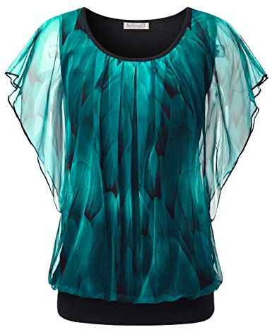 BAISHENGGT Damen Sommer Netz Bluse Flatter Kurzarm Tshirt Rundkragen Falten Elegant Oberteile Top Blusen Pfau Blau M
