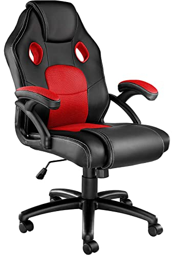 tectake® Racing Bürostuhl, Gaming Stuhl mit Wippfunktion, Chefsessel, Drehstuhl mit Rollen, höhenverstellbarer Schreibtischstuhl, Bürostuhl ergonomisch, PC Stuhl - schwarz/rot