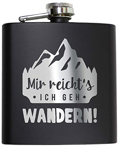 Pixelstudio Flachmann mit Gravur Lustige Sprüche Berge Wandern Bergsteigen Après-Ski Skifahren Geschenk Schwarz - Mir reichts, ich GEH wandern