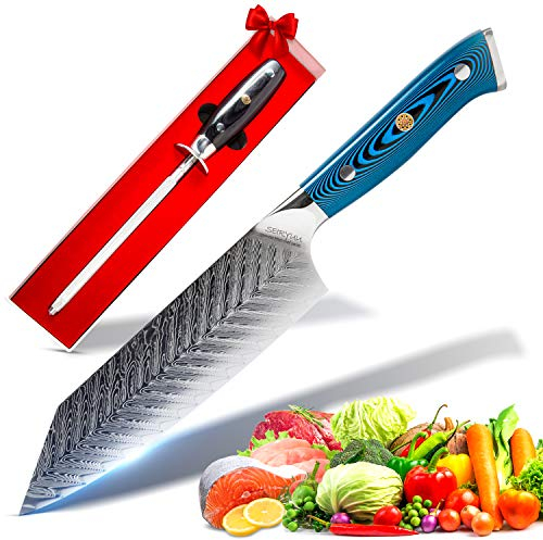 Seiryuu Coltello Bunka 17 cm - Coltello Giapponese da cucina Professionale – Lama Damasco 73 Strati decorata Acciaio Inox VG10 – Manico il legno Doppia Testa in Acciaio, Asta per Affilatura