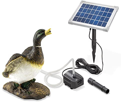 esotec Solar Wasserspeier Set ENTE, Solarpumpe, Teichfigur Gartenfigur Gartenstatue, Tauchpumpe, Gartenbrunnen, Springbrunnen für außen outdoor, Vogeltränke H=31,5cm 101659