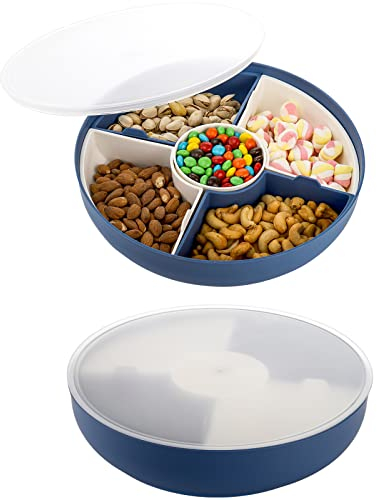 ZENFUN 2er-Pack Servierbehälter für Süßigkeiten und Nüsse aus Kunststoff mit Deckel, 29 cm Geteilt 5 Fächer Snackschalen Serviertablett Vorspeisentablett zur Aufbewahrung von Lebensmitteln