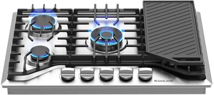 GASLAND 30 Inch Gas Cooktop, PRO GH3305SF 5 Burner Propane Stovetop with Reversible Cast Iron Grill/Griddle, Gas Countertop Plug-in, NG/LPG Convertible Cooktops, Stainless Steel