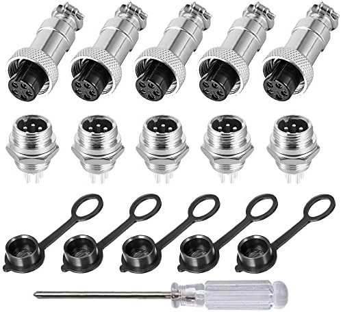 Aiqeer 5 Pezzi 5-Pin GX12 Connettore Aviazione, 12 mm Connettore Aviazione Metallo, 5A Connettore Aviazione Maschio Femmina, con Cappuccio in Gomma e Cacciavite a Croce