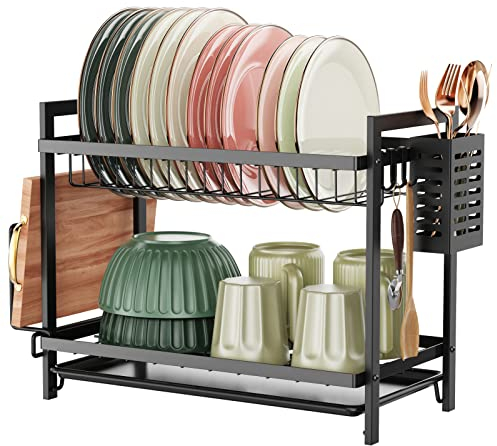 iSPECLE Dish Drainer Rack - 2 Tier Dish Drying Rack with Drip Tray, Rustproof Draining Board Rack with Utensil & Cutting Board Holder, Sink Drainer Rack for Kitchen Worktop, Black