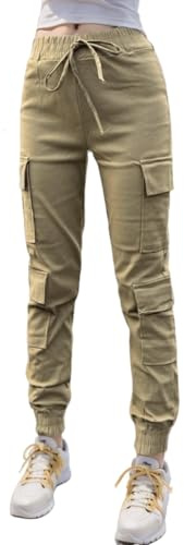 Nuofengkudu Petite Pantalones Cargo Mujer Elasticos Harem Pantalon con Bolsillos Stretch Cintura Tobillo Pantalón Chica Joven Punk Deportivo Jogging Jogger Pants Hip Hop Moda Casual Khaki M