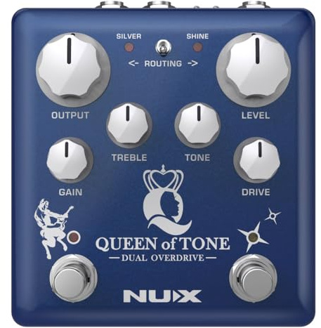 NUX NDO-6 Queen of Tone Dual Overdrive Pedal gestapelt mit Reiter und Morgenstern