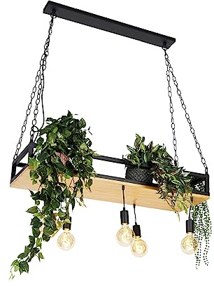 Qazqa Smart Esstisch led Rustikal, Industrial Pendelleuchte, Pendellampe - Shelf - Schwarz, Rechteckig, Holz, dimmbar, 5-flammig, 100cm, Ideal als Esszimmerlampe, Küche lampe, Schlafzimmerlampe