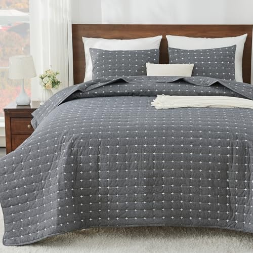ENJOHOS 100% Cotton Linen Quilt Queen, Cotton Bedspreads Queen Size, Dark Grey Cotton Quilt Set Coverlet, Reversible Lightweight Queen Quilt Bedding Set with Shams for All Season (3 Pieces, 90x96)