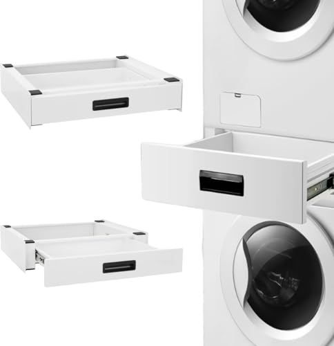STADO® | Verbindungsrahmen mit ausziehbarer Schublade für Waschmaschine und Trockner | Rutschfester Zwischenbausatz Universal Zwischenbaurahmen 60x55cm (Weiß, Zwischenbaurahmen mit Schublade)