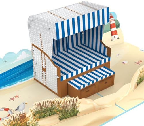 MOKIO® Pop-Up Karte – Strandkorb – 3D Geburtstagskarte für einen Nordsee oder Ostsee Urlaub, als Gutschein für eine Reise ans Meer