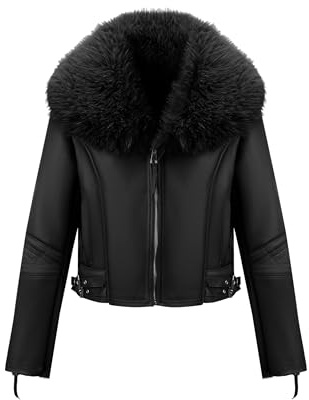 Geschallino Mujeres de Imitación de Cuero de Gamuza Chaqueta Sherpa Forrado Invierno Corto Cálido Abrigo de Motorista 267 Negro L