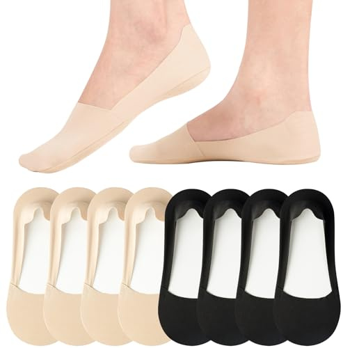 Caldodo Chaussettes Invisibles Femme 39-42 35-38, Chaussettes Basses et Courtes en Nylon Socquettes antidérapantes pour Mocassins Loafers Ballerines Escarpins, 8 Paires, Noir/Beige