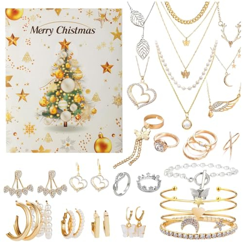 Jewelry Advent – Weihnachts-Countdown-Kalender, 24 Tage, trendiges Schmuck-Set für erwachsene Frauen und Teenager-Mädchen, Countdown-Kalender 2024