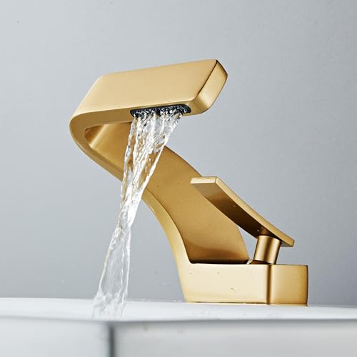 MocArt 2239 Wasserfall Wasserhahn, Badezimmer-Mischhähne, Hotelbecken-Kupferhahn, Keramikventilkern, Einlochmontage, Wassersparendes Design (Nanomattiertes Gold)