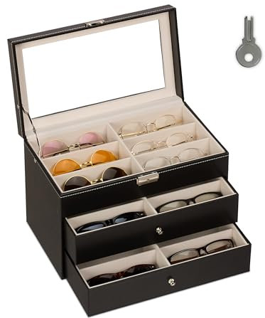 Relaxdays Brillenbox, 18 Brillen, Lederoptik, Samtbezug, Glasfenster, HxBxT: 22,5 x 33,5 x 19 cm, Brillenkoffer, schwarz