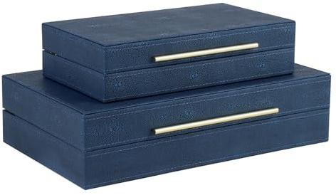 HofferRuffer Faux Leather Decorative Boxes Set of 2, Large Nesting Keepsake Box Accessory Organizer Jewelry Organizer with Hinged Lid, Stacking Storage Box Container for Home or Office (Navy Blue)