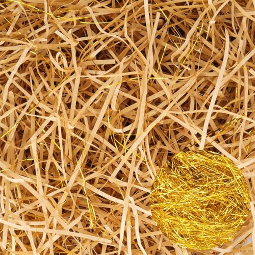 Kayqbonke 250 g Raffia-fyllning, gulbrun och gyllene bröllopsfyllning, pappersstrå för förpackning, strimlad silkespapper för paket, presentlådor, presentkorgar och korgar