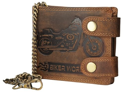 Manza Echt Leder Biker Geldbörse Portemonnaie Geldbeutel Sauvage Leder mit RFID Schutz (Bike, Tan)