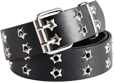 ZPLASK Studded Belt, Emo Clothes, Emo Accessories, Star Belt Bright Pyramid Rivets Rock Punk Gothic Leather Belt Double Row of Star Holes Sturdy Square Buckle with 2 Pins