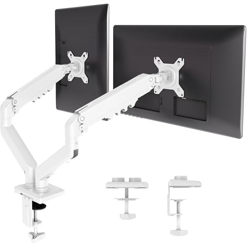 Claiks Monitor Halterung 2 Monitore für 15-32 Zoll Bildschirme,Ergonomischer Bildschirmhalterung,Monitorarm Ständer Hält 2~18 kg,Schwenken,Dreht,VESA 75 & 100 mm,Weiß