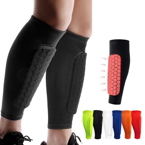 Shindefender Shin Guards Pads, Honeycomb Compression Sleeve Football Shin Guards for Boys, Teenagers and Adults, Soccer Defender Pads with Superior Impact Absorption, Lightweight (Black, XS)