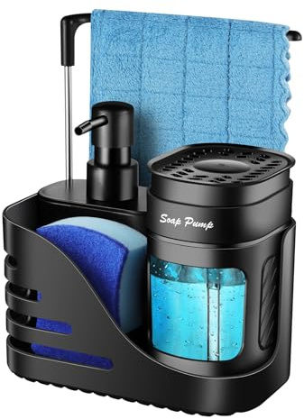 Kitchen Soap Dispenser Set, 4-in-1 Dual Hand and Dish Soap Dispenser with Sponge Holder and Dishcloth Holder for Kitchen Sink (Black)
