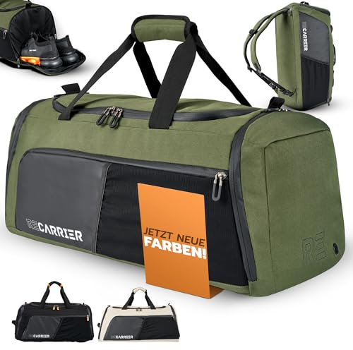 RECARRIER Sporttasche [RECYCELTES PET] 50L – Gym Bag und Rucksack in Einem –wasserdichte Trainingstasche Herren Damen–Sportrucksack wasserdicht mit Schuhfach Fitness, Reisetasche groß (Pinewoodgreen)