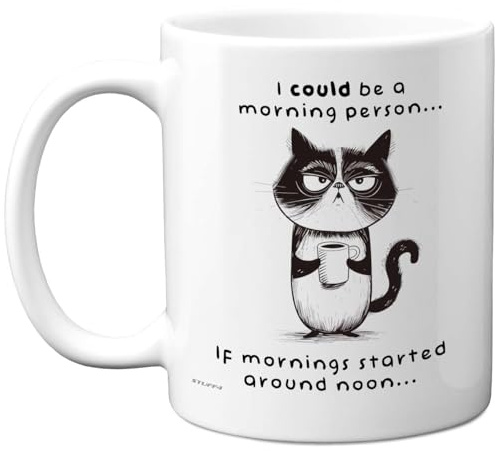 Stuff4 Novelty Mug for Women and Men, Cat Morning Person | Funny Birthday Mugs Present Gifts for Friend Family Colleague, 11oz Ceramic Coffee Humour Joke Banter Cup