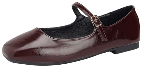 ANUFER Women's Retro Mary Janes Square Toe Buckle Strap Ballet Flats SN0705207 Burgundy UK6