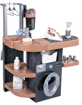 Smoby - Rowenta Haushalts-Set Waschküche - Spielwäscheraum mit Waschmaschine, Bügelbrett, Staubsauger & Zubehör - Haushaltsspiel-Set ab 3 Jahren, mit Recyclingmaterial