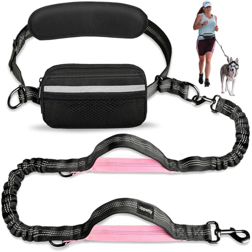 Uppetly Hands Free Dog Running Leash with Waist Belt, Dual Handle Elastic Bungees Retractable Rope for Medium and Large Dogs, Reflective Stitches for Walking Hiking Biking (Large Pink, 25-120lb