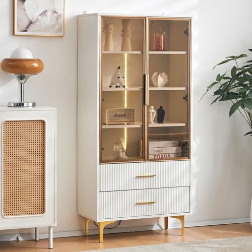 KSFASHZ Vitrine Standschrank mit LED-Beleuchtung, Vitrinenschrank mit 2 Schublade,2 Türen,4 Einlegeböden - Glasvitrine Schrank Modern Möbel (Weiß+Goldene Bein, 2 Schublade,2 Tür)