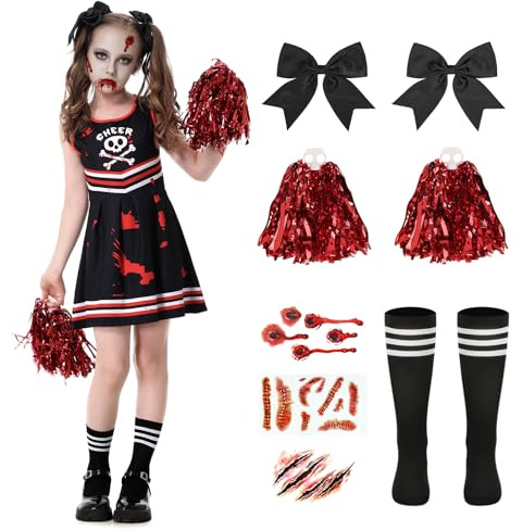 CIRCKOPS 10Pcs Halloween Zombie Cheerleader Costume for Girls Party , 9-10Y | Scary Cheerleading Costume, Red and Black, Spooky, Dead Cheer Uniform Outfit for Kids Cosplay Birthday Gift