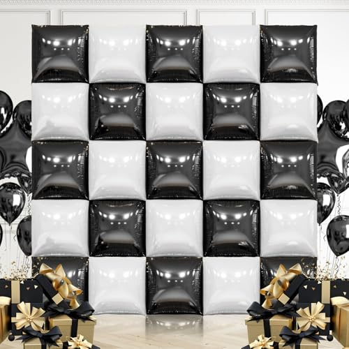 Luftballons Schwarz und Perlweiß, 25 Stück 4D Quadratisch Metallisch Luftballons, Doppelseitige Folienballons,Kit Ballons Wand für Geburtstag Hochzeit Babyparty Hochzeit Themenparty-Dekorationen