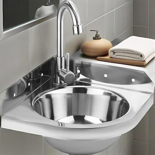 Lavabo Piccolo Angolare Lavabo in Cucina a Parete in Acciaio Inox lavandini Compatto Triangolare Con Rubinetto Acqua Calda E Fredda E Accessori Di Scarico,Facile Pulizia