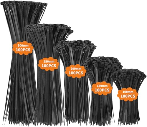 heuchaey 500 Stück Kabelbinder Schwarz, 100/150/200/250/300mm Cable Ties | UV Beständig, Hitzebeständig, Diverse Längen Nylon Kabelbinder für Kabelmanagement, Werkstätten, Gartenarbeit, Wohnen
