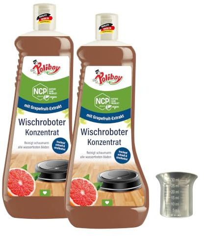 POLIBOY NCP Wischroboter Konzentrat - Bodenreiniger für Saugroboter mit Wischfunktion – Schaumarmes, ergiebiges Reinigungsmittel - 2x 1 L - inkl. Dosierbecher - Made in Germany