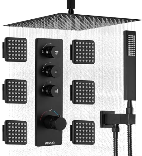 VEVOR Shower Faucet Set, 16 Inch Thermostatic Ceiling Mount Rainfall Shower System with 6 Body Jets and Handheld Spray, Rotatable 3-Function Rain Head Complete Brass Valve and Trim Kit, Matte Black