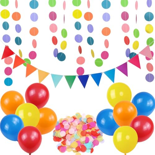 Party Deko Hängende Girlanden Luftschlangen Bunte Luftballons Konfetti Flaggenkette für Einschulung Karneval Geburtstag Weihnachtsfeier Faschings Party Dekoration